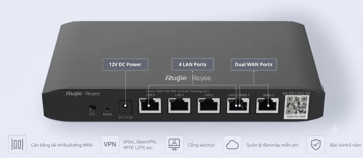 Chú thích cổng router Ruijie RG-EG105G V2: nguồn 12V DC, 4 cổng LAN (LAN3 dùng làm WAN1), 2 cổng WAN Gigabit Chú thích cổng router Ruijie RG-EG105G V2: nguồn 12V DC, 4 cổng LAN (LAN3 dùng làm WAN1), 2 cổng WAN Gigabit