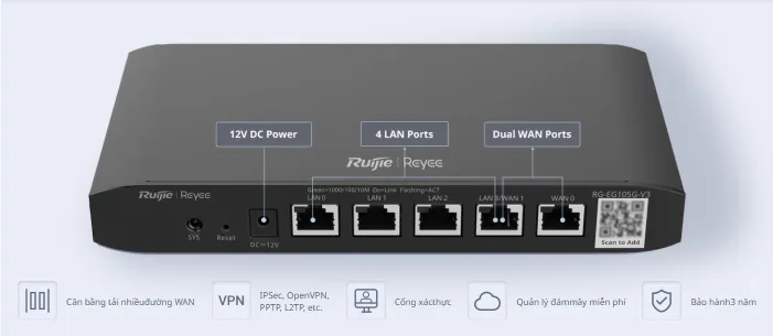 Chú thích cổng router Ruijie RG-EG105G-V3: nguồn 12V DC, 4 cổng LAN (LAN3 dùng làm WAN1), 2 cổng WAN Gigabit Chú thích cổng router Ruijie RG-EG105G-V3: nguồn 12V DC, 4 cổng LAN (LAN3 dùng làm WAN1), 2 cổng WAN Gigabit