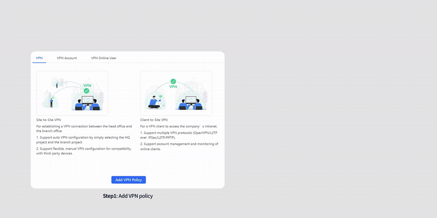 Ảnh động cấu hình VPN trên RG-EG1510XS qua 3 bước: thêm chính sách VPN, chọn chế độ, nhập IP máy chủ Ảnh động cấu hình VPN trên RG-EG1510XS qua 3 bước: thêm chính sách VPN, chọn chế độ, nhập IP máy chủ