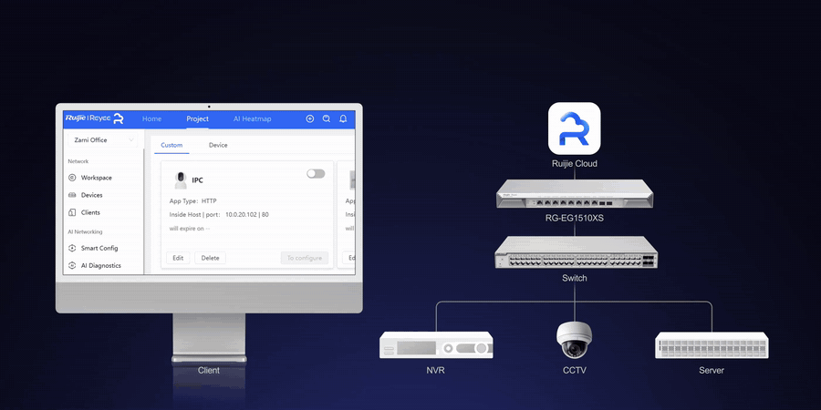 Ảnh động tính năng NAT Traversal trên router RG-EG1510XS: bật một chạm để xem camera, NVR từ xa qua Ruijie Cloud, không cần mở port hay IP tĩnh Ảnh động tính năng NAT Traversal trên router RG-EG1510XS: bật một chạm để xem camera, NVR từ xa qua Ruijie Cloud, không cần mở port hay IP tĩnh