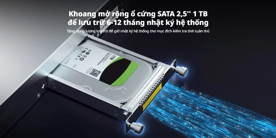 Khoang ổ cứng SATA 2,5 inch trên router RG-EG1510XS, lưu nhật ký hệ thống 6–12 tháng với ổ 1 TB Khoang ổ cứng SATA 2,5 inch trên router RG-EG1510XS, lưu nhật ký hệ thống 6–12 tháng với ổ 1 TB