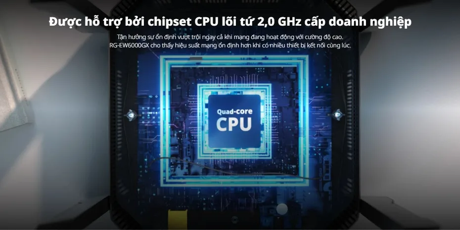 Bộ phát WiFi 6 Ruijie Reyee RG-EW6000GX sử dụng chipset CPU lõi tứ 2.0 GHz cấp doanh nghiệp mạnh mẽ Bộ phát WiFi 6 Ruijie Reyee RG-EW6000GX sử dụng chipset CPU lõi tứ 2.0 GHz cấp doanh nghiệp mạnh mẽ