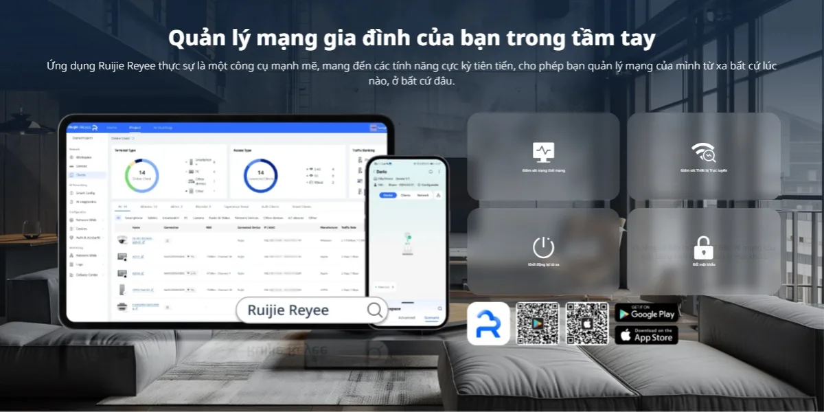 Giao diện quản lý mạng từ xa qua ứng dụng Ruijie Reyee hỗ trợ cho bộ phát WiFi RG-EW6000GX tiện lợi Giao diện quản lý mạng từ xa qua ứng dụng Ruijie Reyee hỗ trợ cho bộ phát WiFi RG-EW6000GX tiện lợi