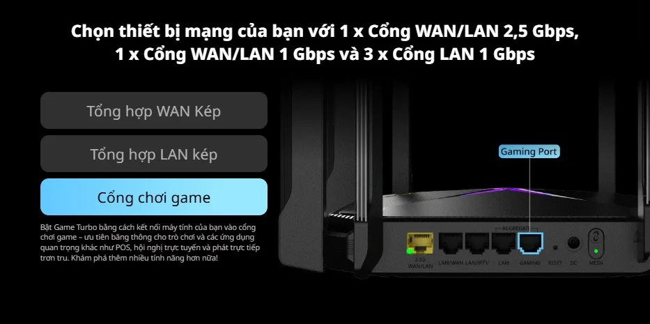 Cổng kết nối và tính năng Gaming Port trên bộ phát WiFi 6 Ruijie Reyee RG-EW6000GX Cổng kết nối và tính năng Gaming Port trên bộ phát WiFi 6 Ruijie Reyee RG-EW6000GX