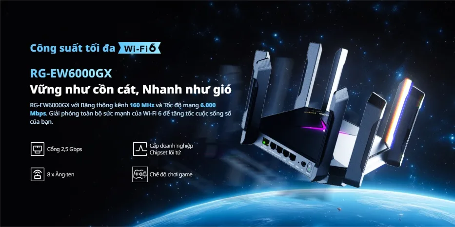 Bộ phát WiFi 6 Ruijie Reyee RG-EW6000GX băng tần kép với tốc độ 6000 Mbps và 8 ăng-ten hiệu suất cao Bộ phát WiFi 6 Ruijie Reyee RG-EW6000GX băng tần kép với tốc độ 6000 Mbps và 8 ăng-ten hiệu suất cao