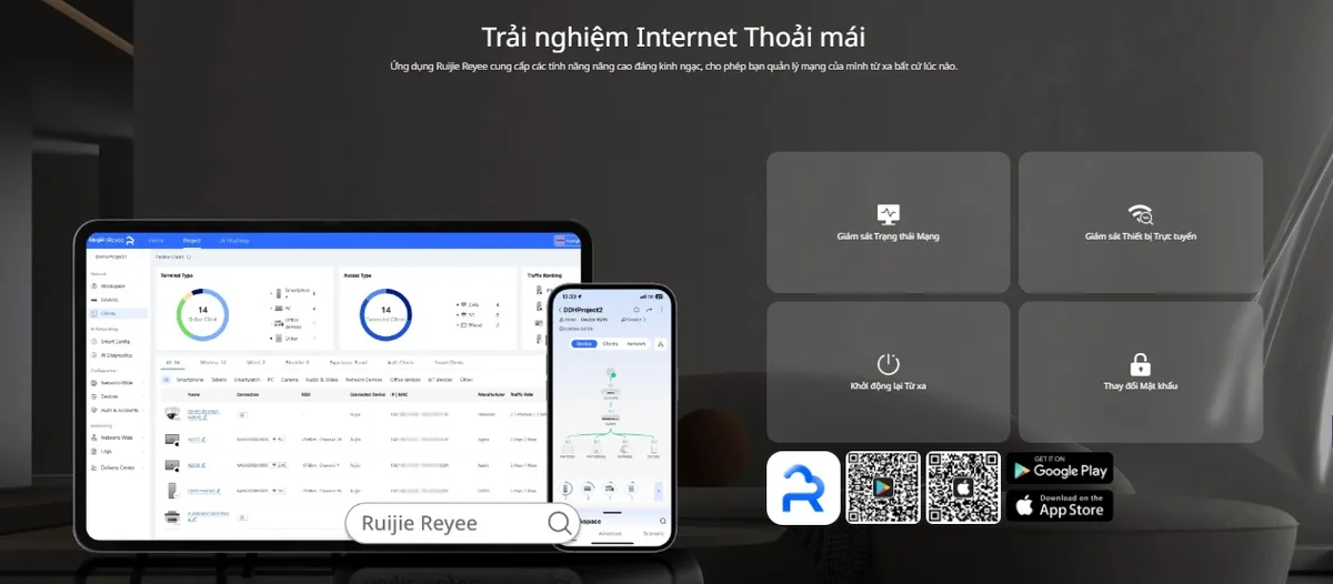 Quản lý RG-EW7200BE PRO từ xa qua app Ruijie Reyee: giám sát mạng, thiết bị, khởi động lại, đổi mật khẩu Quản lý RG-EW7200BE PRO từ xa qua app Ruijie Reyee: giám sát mạng, thiết bị, khởi động lại, đổi mật khẩu