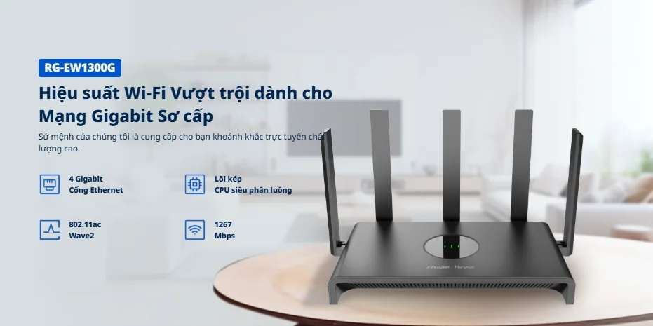 Router WiFi AC1300 Ruijie Reyee RG-EW1300G với cổng Gigabit, chuẩn 802.11ac Wave 2 và CPU lõi kép Router WiFi AC1300 Ruijie Reyee RG-EW1300G với cổng Gigabit, chuẩn 802.11ac Wave 2 và CPU lõi kép