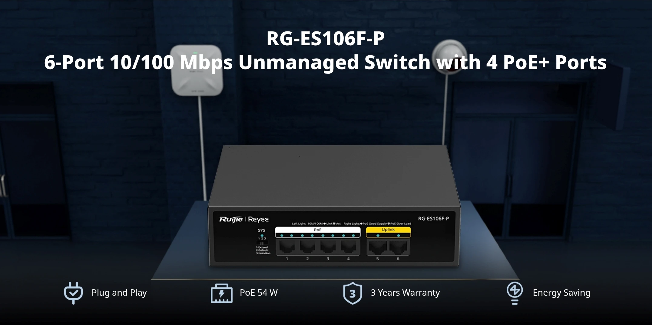 Ruijie RG-ES-106F-P Switch PoE 4 cổng và 2 cổng uplink 100M, PoE 54W Ruijie RG-ES-106F-P Switch PoE 4 cổng và 2 cổng uplink 100M, PoE 54W