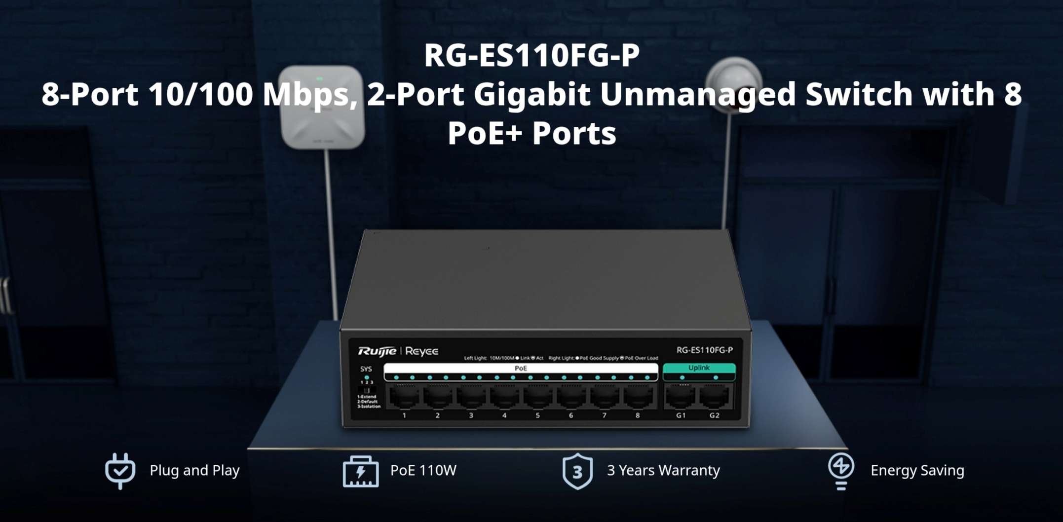 Ruijie RG-ES110FG-P Unmanaged Switch PoE 8 Port Ruijie RG-ES110FG-P Unmanaged Switch PoE 8 Port