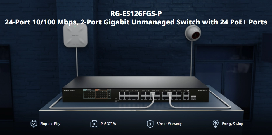 Ruijie RG-ES126FGS-P Switch PoE công suất cao 370W chuyên hệ thống Camera lớn Ruijie RG-ES126FGS-P Switch PoE công suất cao 370W chuyên hệ thống Camera lớn