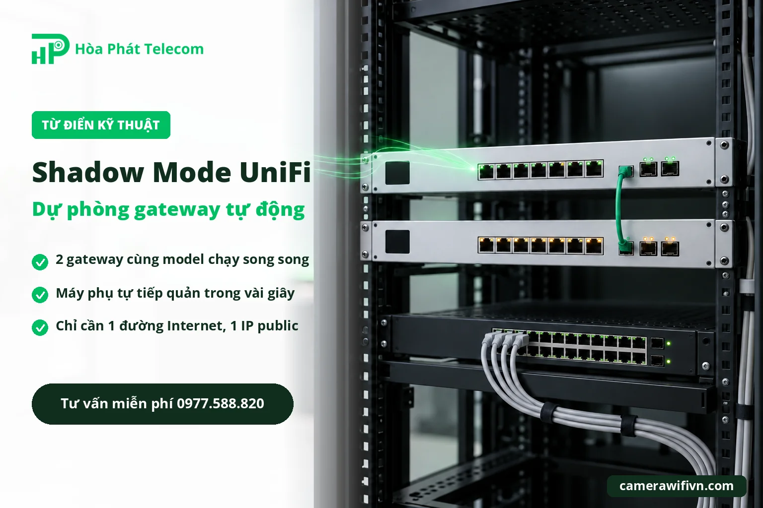 Hai gateway UniFi giống nhau lắp song song trong tủ rack, máy chính đang chạy và máy phụ chờ sẵn theo Shadow Mode Hai gateway UniFi giống nhau lắp song song trong tủ rack, máy chính đang chạy và máy phụ chờ sẵn theo Shadow Mode