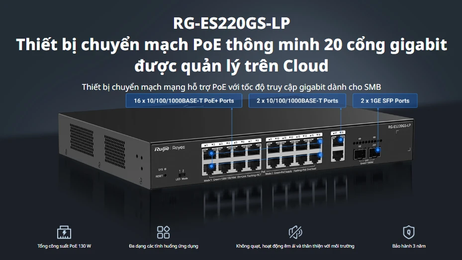Switch 16 cổng PoE Ruijie - RG-ES220GS-LP Uplink 2 cổng RJ45 và 2 cổng SFP Switch 16 cổng PoE Ruijie - RG-ES220GS-LP Uplink 2 cổng RJ45 và 2 cổng SFP