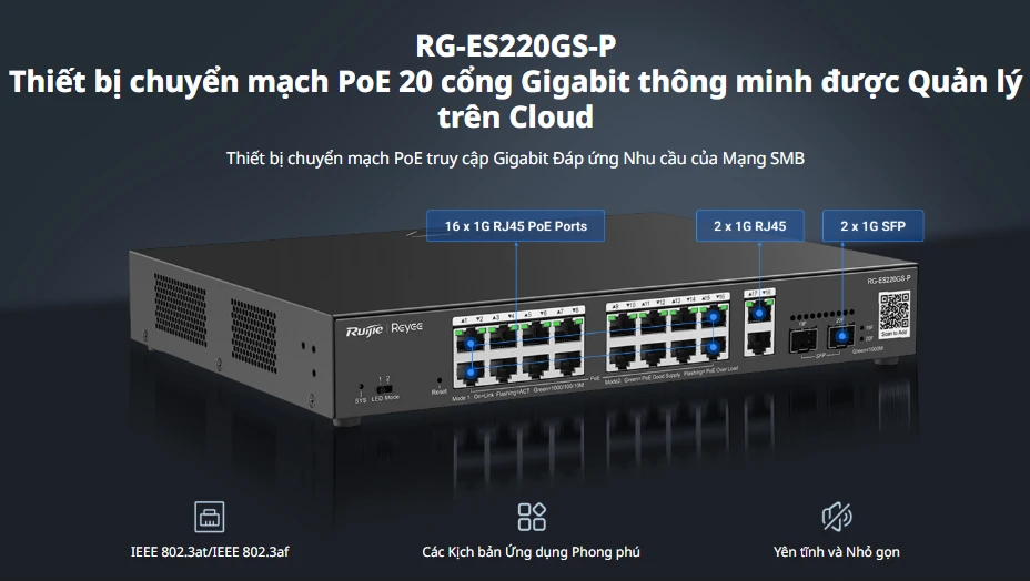 Switch 16 cổng PoE Ruijie RG-ES220GW-P, công suất 250W, 4 cổng Uplink (2RJ45 + 2 SFP) Switch 16 cổng PoE Ruijie RG-ES220GW-P, công suất 250W, 4 cổng Uplink (2RJ45 + 2 SFP)