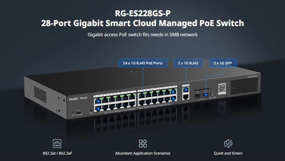 Switch 24 cổng PoE Ruijie RG-ES228GS-P công suất 370W, uplink 2 RJ45 & 2 SFP Switch 24 cổng PoE Ruijie RG-ES228GS-P công suất 370W, uplink 2 RJ45 & 2 SFP