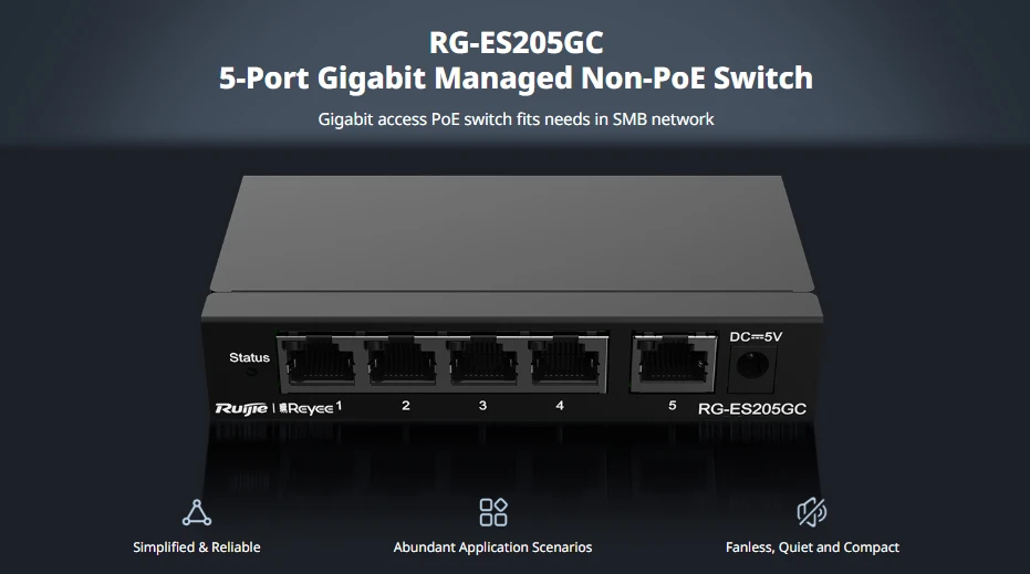 Switch 5 cổng Ruijie RG-ES205GC tốc độ cao, quản lý qua cloud miễn phí Switch 5 cổng Ruijie RG-ES205GC tốc độ cao, quản lý qua cloud miễn phí