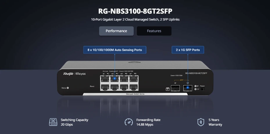 Switch Layer 2 Ruijie RG-NBS3100-8GT2SFP 8 port Gigabit và 2 Uplink SFP, mini-Core Switch Switch Layer 2 Ruijie RG-NBS3100-8GT2SFP 8 port Gigabit và 2 Uplink SFP, mini-Core Switch