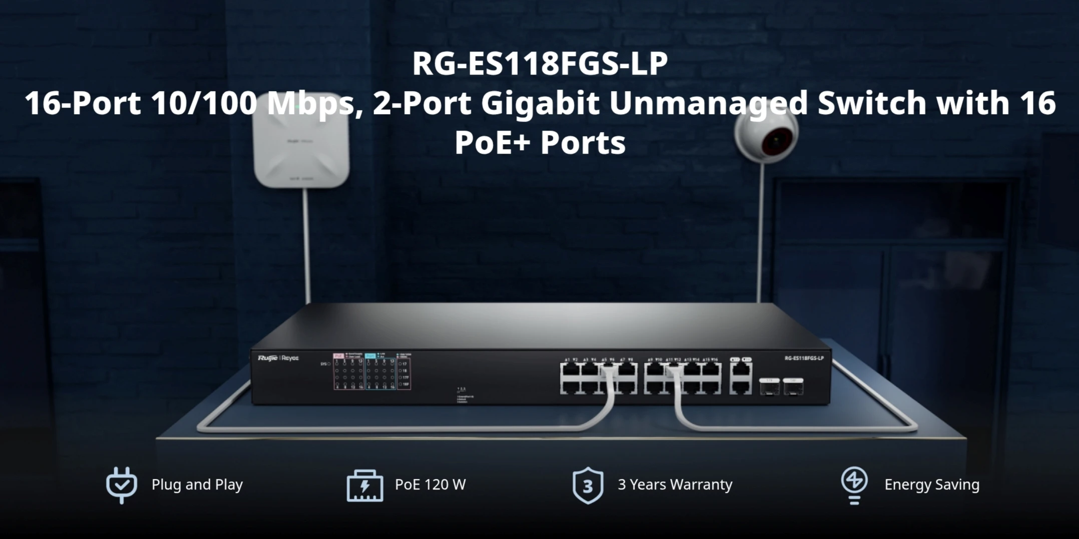Switch PoE 16 cổng 120W Ruijie RG-ES118GS-LP - Hỗ trợ 2 Port Uplink Combo SFP/RJ45 Switch PoE 16 cổng 120W Ruijie RG-ES118GS-LP - Hỗ trợ 2 Port Uplink Combo SFP/RJ45