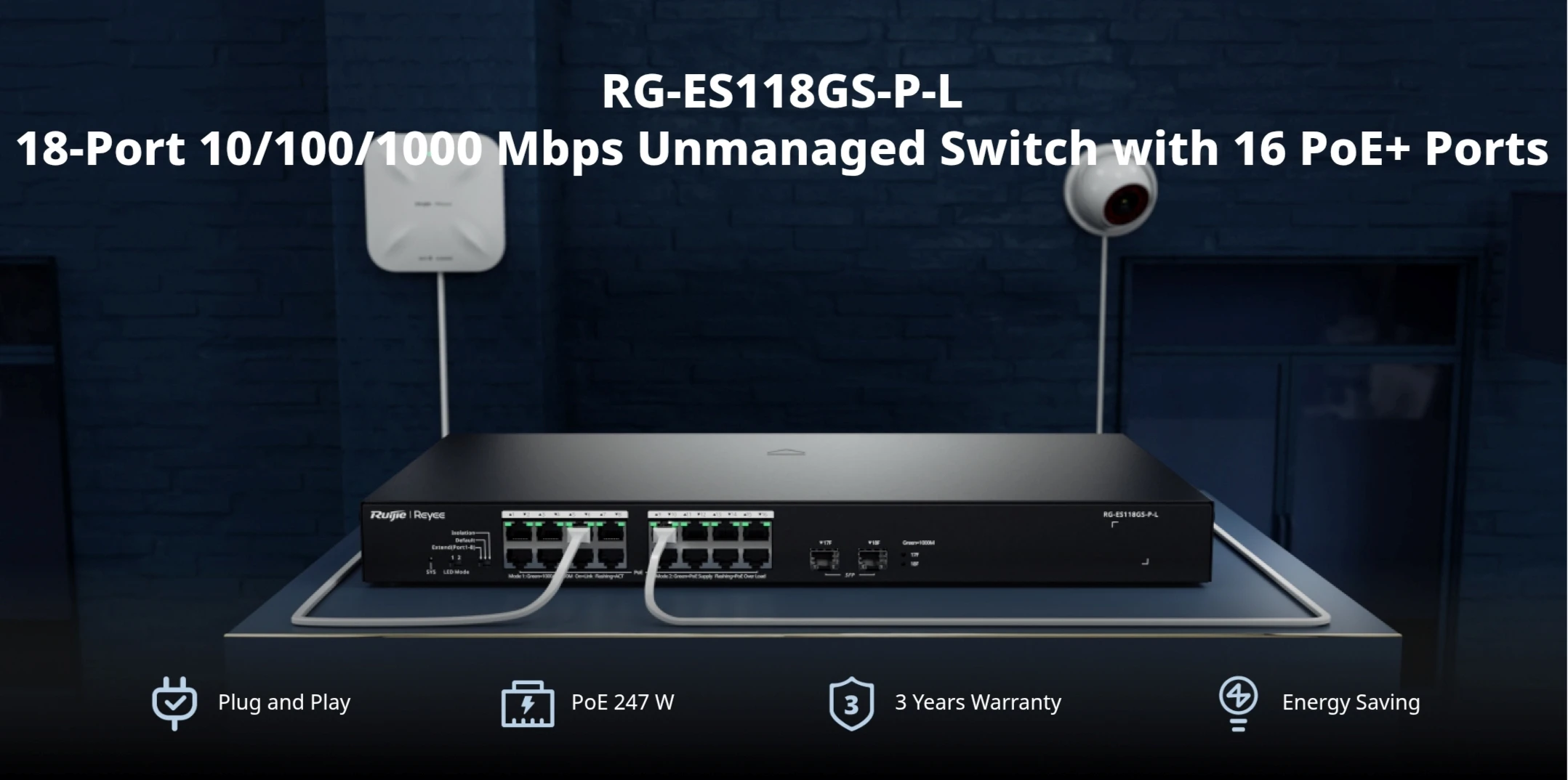 Switch PoE Ruijie RG-ES-118GS-P-L cấp nguồn PoE cho Camera và WiFi ổn định Switch PoE Ruijie RG-ES-118GS-P-L cấp nguồn PoE cho Camera và WiFi ổn định