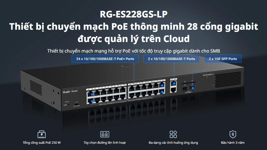 Switch Ruijie RG-ES228GS-LP 24 cổng PoE, Uplink 2 RJ45 + 2 SFP Switch Ruijie RG-ES228GS-LP 24 cổng PoE, Uplink 2 RJ45 + 2 SFP