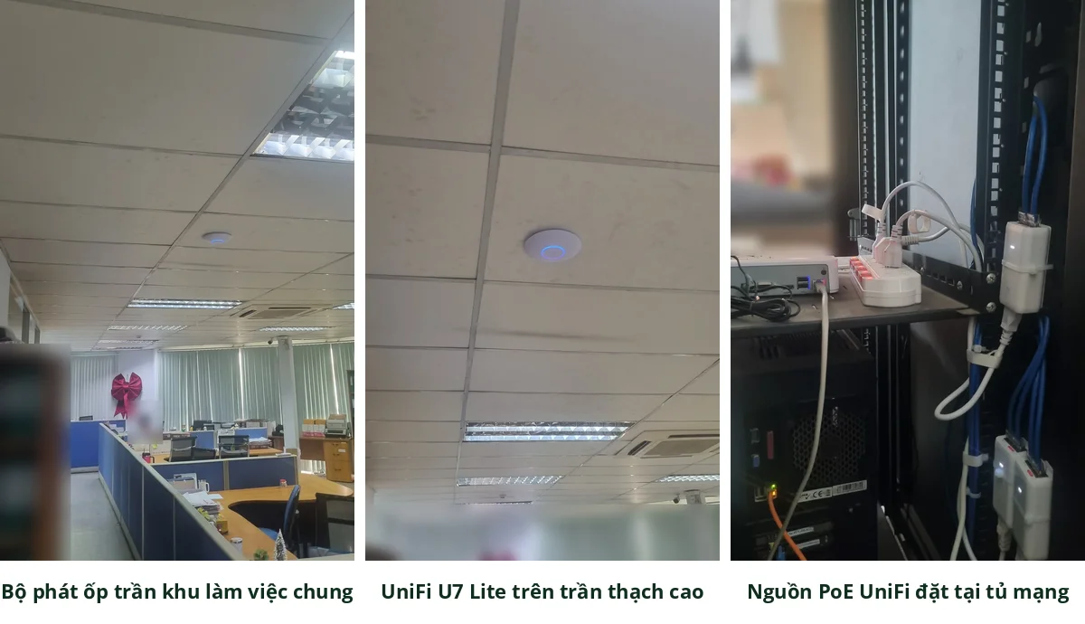 Bộ phát UniFi U7 Lite ốp trần và nguồn PoE tại tủ mạng sau khi nâng cấp WiFi văn phòng Bộ phát UniFi U7 Lite ốp trần và nguồn PoE tại tủ mạng sau khi nâng cấp WiFi văn phòng