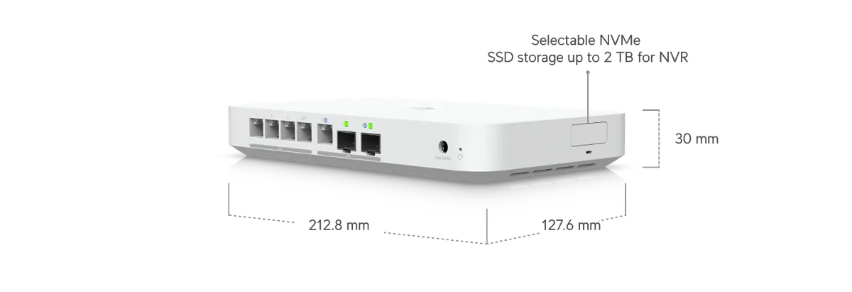 Kích thước UCG-Fiber 212.8 x 127.6 x 30 mm, khe SSD NVMe lưu camera đến 2TB Kích thước UCG-Fiber 212.8 x 127.6 x 30 mm, khe SSD NVMe lưu camera đến 2TB