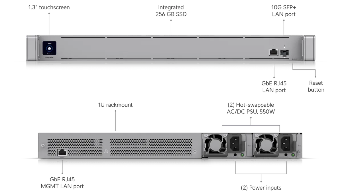 Chú thích CloudKey Enterprise: SSD 256GB tích hợp, cổng 10G SFP+, rack 1U, nguồn kép 550W Chú thích CloudKey Enterprise: SSD 256GB tích hợp, cổng 10G SFP+, rack 1U, nguồn kép 550W
