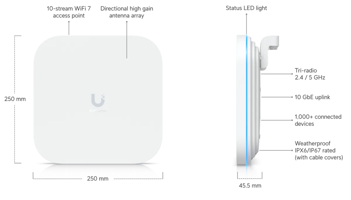 Kích thước UniFi E7 Campus 250 x 250 x 45.5 mm; WiFi 7 10 luồng, ba băng tần 2.4/5/6 GHz, anten định hướng độ lợi cao, uplink 10GbE, hơn 1.000 thiết bị, chống nước IPX6/IP67 (với bộ nắp chống nước đi kèm) Kích thước UniFi E7 Campus 250 x 250 x 45.5 mm; WiFi 7 10 luồng, ba băng tần 2.4/5/6 GHz, anten định hướng độ lợi cao, uplink 10GbE, hơn 1.000 thiết bị, chống nước IPX6/IP67 (với bộ nắp chống nước đi kèm)