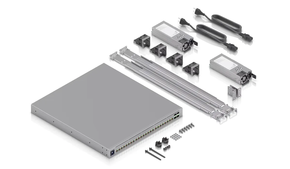 Phụ kiện ECS-24S-PoE: 2 module nguồn 600W, 4 module quạt, 2 dây nguồn, ray trượt rack, tai rack, ốc vít Phụ kiện ECS-24S-PoE: 2 module nguồn 600W, 4 module quạt, 2 dây nguồn, ray trượt rack, tai rack, ốc vít