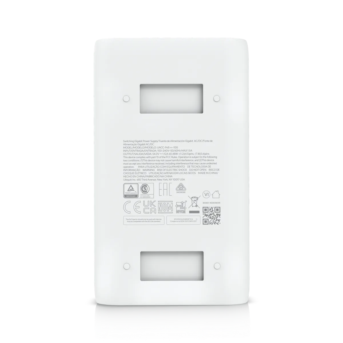Mặt đáy Bộ cấp nguồn PoE++ UniFi 10G: nhãn đầu vào 100–240V 1.5A, đầu ra 54V 1.12A 60.48W; lỗ gắn giá treo Mặt đáy Bộ cấp nguồn PoE++ UniFi 10G: nhãn đầu vào 100–240V 1.5A, đầu ra 54V 1.12A 60.48W; lỗ gắn giá treo