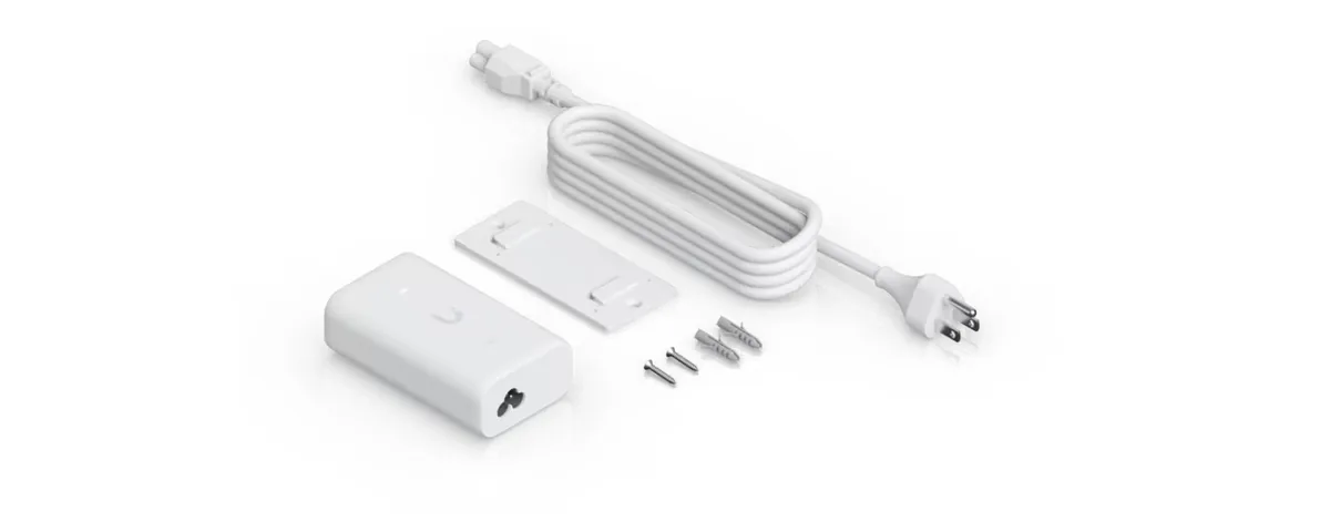 Trong hộp Bộ cấp nguồn PoE++ UniFi 10G: bộ cấp nguồn, giá treo tường, dây nguồn AC và vít Trong hộp Bộ cấp nguồn PoE++ UniFi 10G: bộ cấp nguồn, giá treo tường, dây nguồn AC và vít
