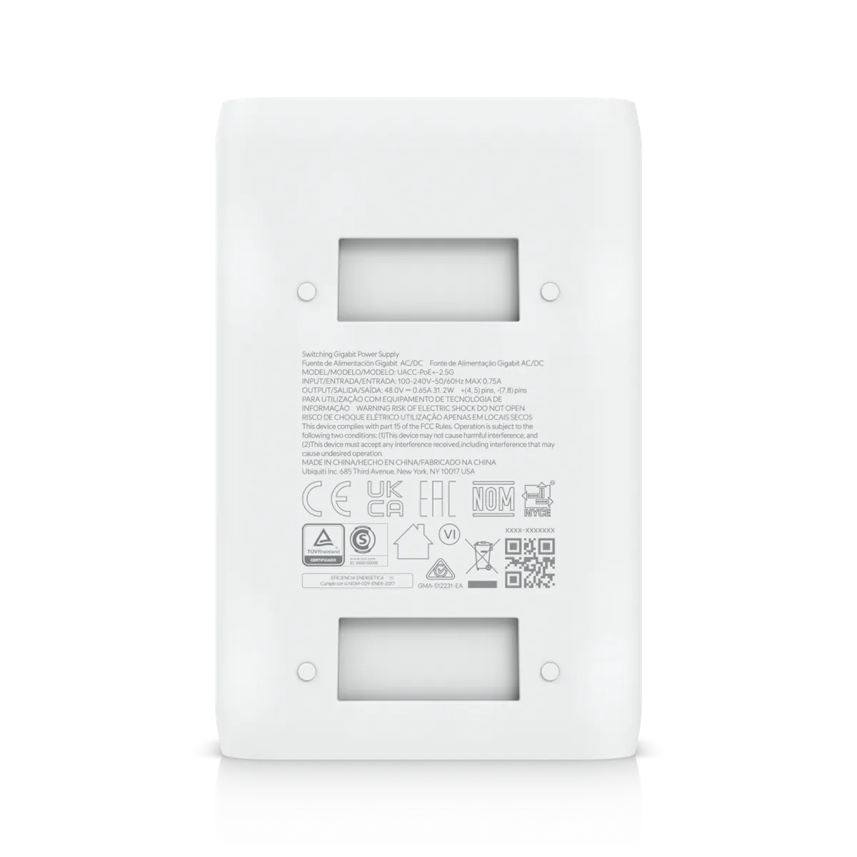 Mặt đáy Bộ cấp nguồn PoE+ UniFi 2.5G: nhãn đầu vào 100–240V 0.75A, đầu ra 48V 0.65A 31.2W; lỗ gắn giá treo Mặt đáy Bộ cấp nguồn PoE+ UniFi 2.5G: nhãn đầu vào 100–240V 0.75A, đầu ra 48V 0.65A 31.2W; lỗ gắn giá treo