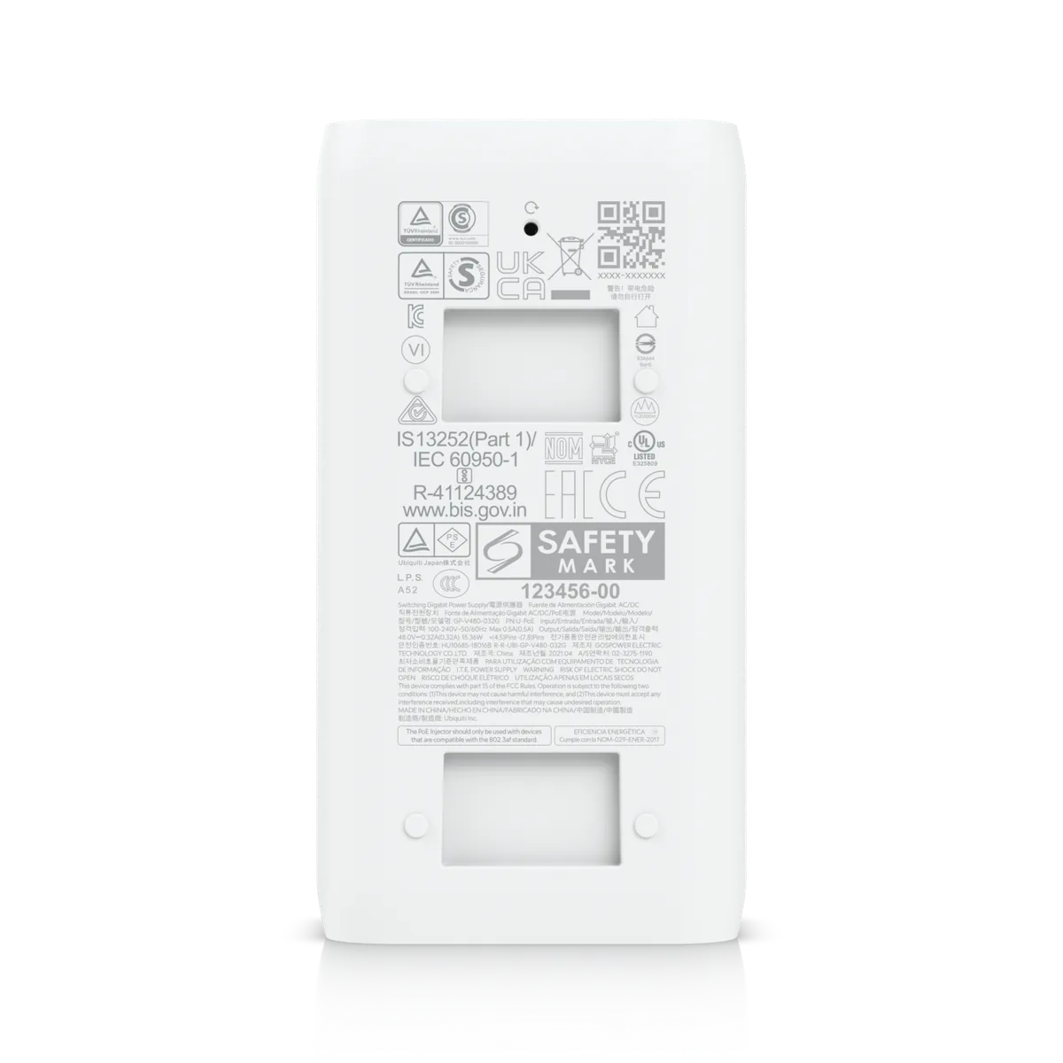 Mặt đáy Bộ cấp nguồn PoE UniFi Gigabit 15W U-PoE: nhãn đầu vào 100–240V 0.5A, đầu ra 48V 0.32A 15.36W, chuẩn 802.3af Mặt đáy Bộ cấp nguồn PoE UniFi Gigabit 15W U-PoE: nhãn đầu vào 100–240V 0.5A, đầu ra 48V 0.32A 15.36W, chuẩn 802.3af