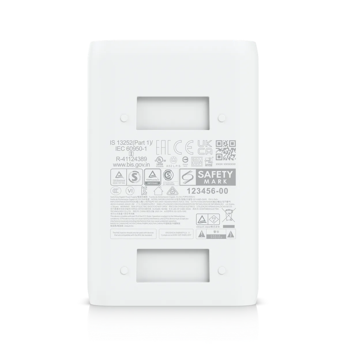 Mặt đáy Bộ cấp nguồn PoE+ UniFi Gigabit: nhãn đầu vào 100–240V 0.75A, đầu ra 48V 0.65A 31.2W, chuẩn 802.3at Mặt đáy Bộ cấp nguồn PoE+ UniFi Gigabit: nhãn đầu vào 100–240V 0.75A, đầu ra 48V 0.65A 31.2W, chuẩn 802.3at