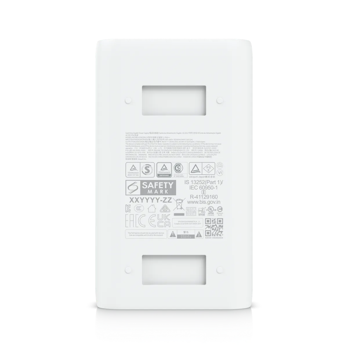 Mặt đáy Bộ cấp nguồn PoE++ UniFi Gigabit: nhãn đầu vào 100–240V 1.5A, đầu ra 48V 1.25A 60W, chuẩn 802.3bt Mặt đáy Bộ cấp nguồn PoE++ UniFi Gigabit: nhãn đầu vào 100–240V 1.5A, đầu ra 48V 1.25A 60W, chuẩn 802.3bt