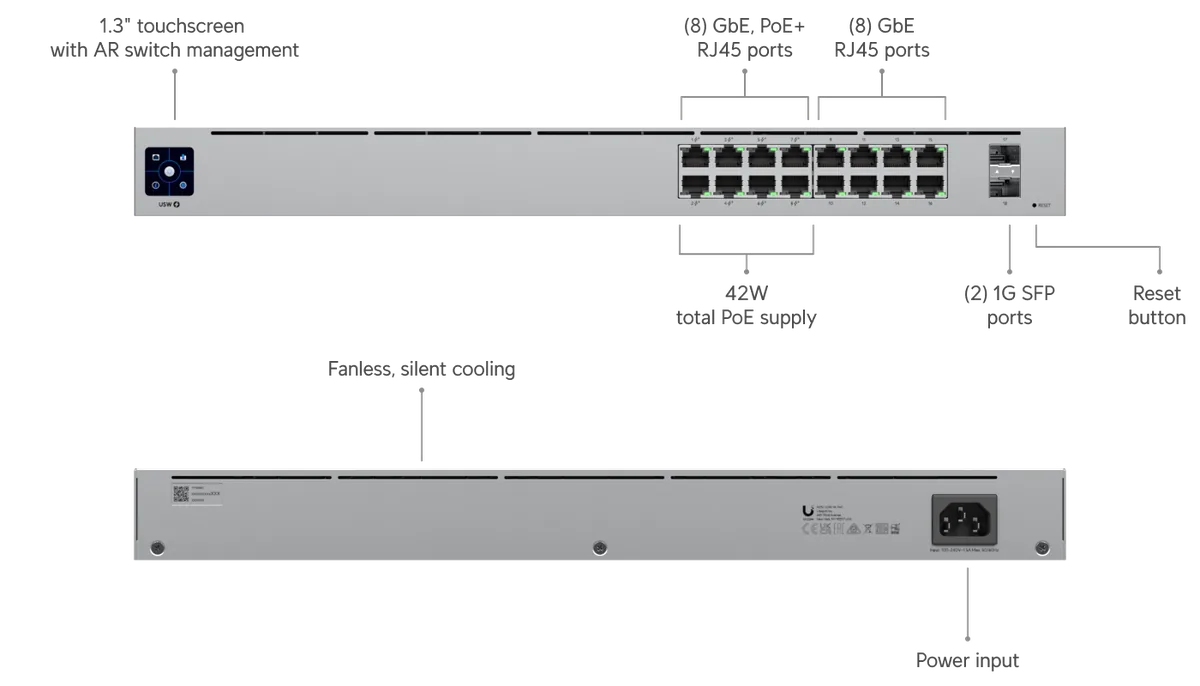 Chú thích USW-16-PoE: màn hình cảm ứng 1.3", 8 cổng GbE PoE+, 8 cổng GbE, 2 cổng 1G SFP, tổng PoE 42W, không quạt Chú thích USW-16-PoE: màn hình cảm ứng 1.3", 8 cổng GbE PoE+, 8 cổng GbE, 2 cổng 1G SFP, tổng PoE 42W, không quạt
