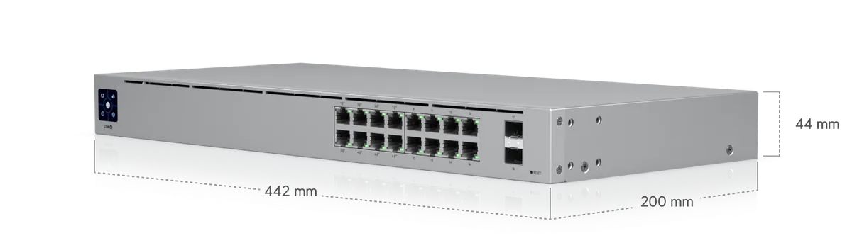 Kích thước USW-16-PoE 442 x 200 x 44 mm, chuẩn rack 1U Kích thước USW-16-PoE 442 x 200 x 44 mm, chuẩn rack 1U