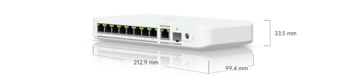 Kích thước USW-Flex-2.5G-8-PoE 212.9 x 99.4 x 33.5 mm Kích thước USW-Flex-2.5G-8-PoE 212.9 x 99.4 x 33.5 mm