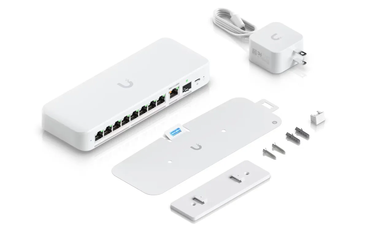 Phụ kiện USW-Flex-2.5G-8: adapter USB-C, bộ treo tường, ốc vít Phụ kiện USW-Flex-2.5G-8: adapter USB-C, bộ treo tường, ốc vít