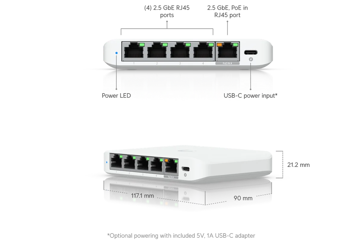 Chú thích USW-Flex-2.5G-5: 4 cổng 2.5GbE, 1 cổng 2.5GbE PoE in, nguồn USB-C, kích thước 117.1 x 90 x 21.2 mm Chú thích USW-Flex-2.5G-5: 4 cổng 2.5GbE, 1 cổng 2.5GbE PoE in, nguồn USB-C, kích thước 117.1 x 90 x 21.2 mm
