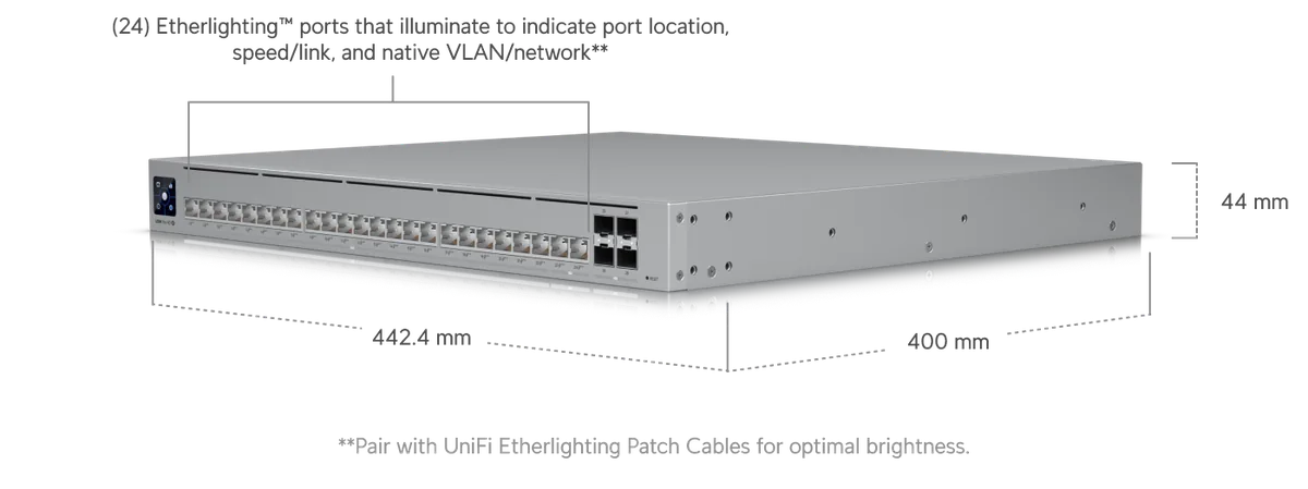 Kích thước USW-Pro-HD-24-PoE 442 x 400 x 44 mm, 24 cổng Etherlighting Kích thước USW-Pro-HD-24-PoE 442 x 400 x 44 mm, 24 cổng Etherlighting