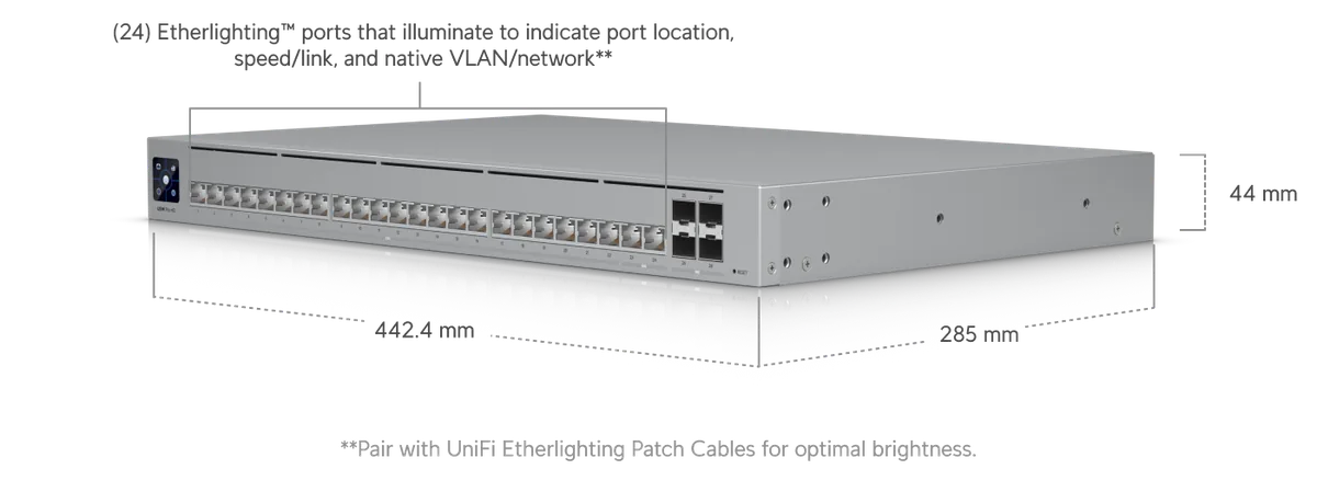 Kích thước USW-Pro-HD-24 442 x 285 x 44 mm, 24 cổng Etherlighting Kích thước USW-Pro-HD-24 442 x 285 x 44 mm, 24 cổng Etherlighting