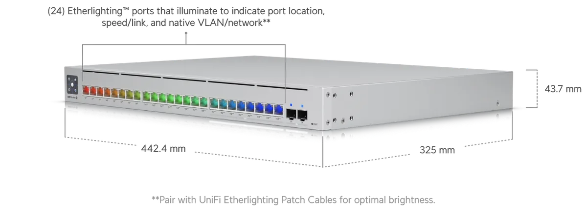 Kích thước USW-Pro-Max-24-PoE 442.4 x 325 x 43.7 mm, 24 cổng Etherlighting Kích thước USW-Pro-Max-24-PoE 442.4 x 325 x 43.7 mm, 24 cổng Etherlighting