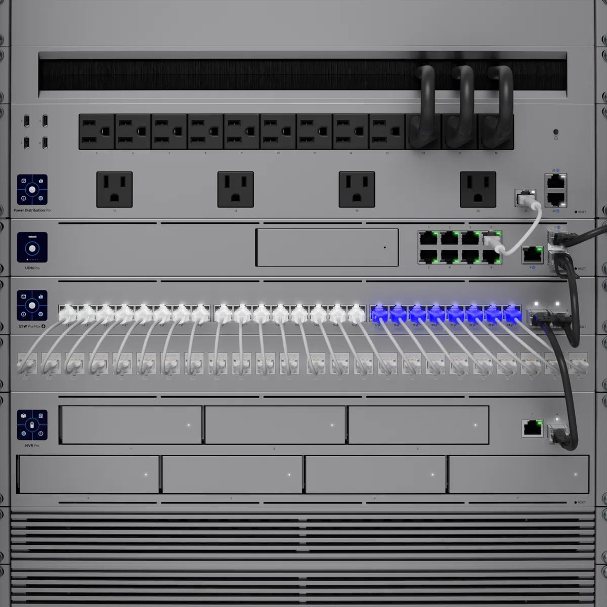 USW-Pro-Max-24-PoE lắp trong tủ rack, cổng Etherlighting phát sáng theo mạng USW-Pro-Max-24-PoE lắp trong tủ rack, cổng Etherlighting phát sáng theo mạng