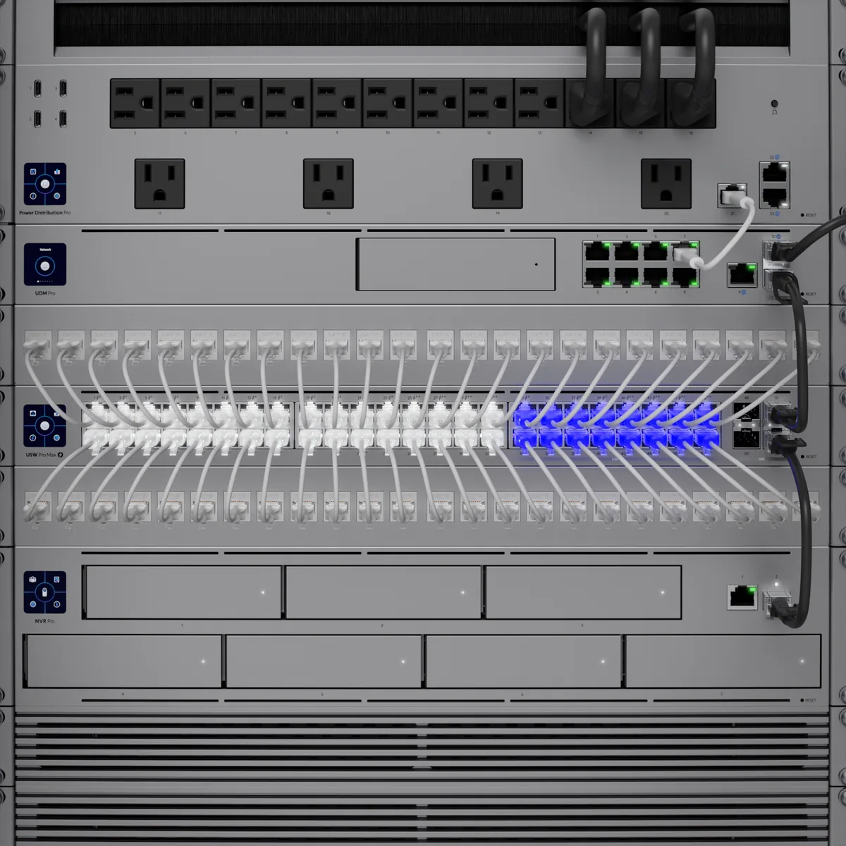 USW-Pro-Max-48-PoE lắp trong tủ rack, cổng Etherlighting phát sáng theo mạng USW-Pro-Max-48-PoE lắp trong tủ rack, cổng Etherlighting phát sáng theo mạng