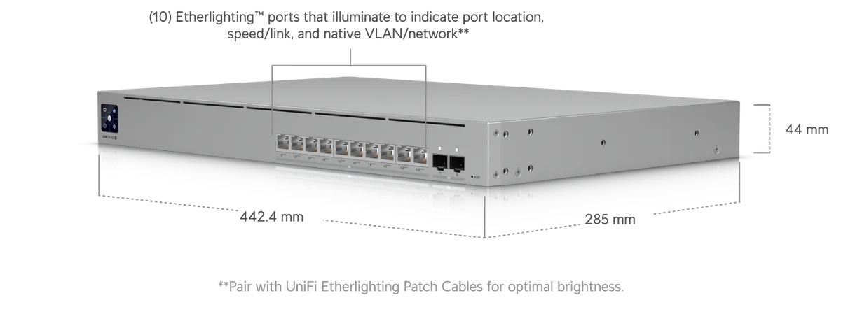 Kích thước USW-Pro-XG-10-PoE 442.4 x 285 x 44 mm, 10 cổng Etherlighting Kích thước USW-Pro-XG-10-PoE 442.4 x 285 x 44 mm, 10 cổng Etherlighting