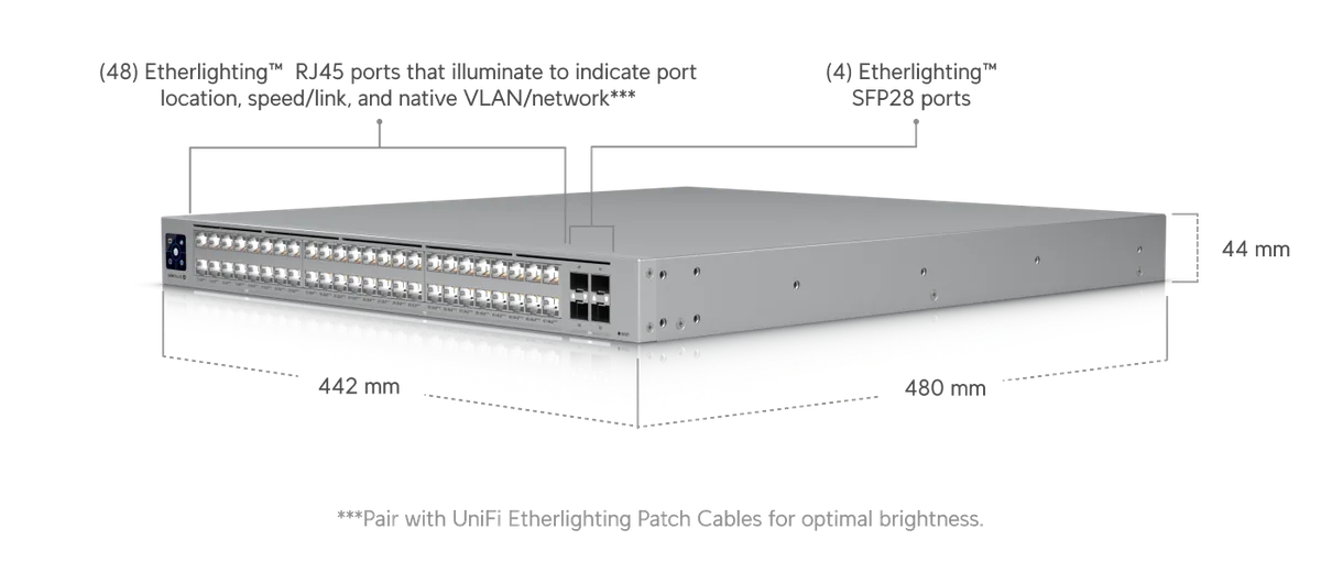 Kích thước USW-Pro-XG-48-PoE 442 x 480 x 44 mm, cổng Etherlighting Kích thước USW-Pro-XG-48-PoE 442 x 480 x 44 mm, cổng Etherlighting