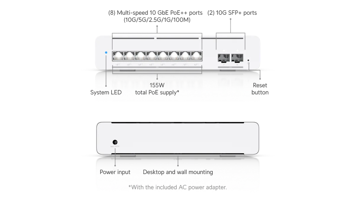 Chú thích USW-Pro-XG-8-PoE: 8 cổng 10GbE PoE++, 2 cổng 10G SFP+, tổng PoE 155W, đặt bàn hoặc treo tường Chú thích USW-Pro-XG-8-PoE: 8 cổng 10GbE PoE++, 2 cổng 10G SFP+, tổng PoE 155W, đặt bàn hoặc treo tường
