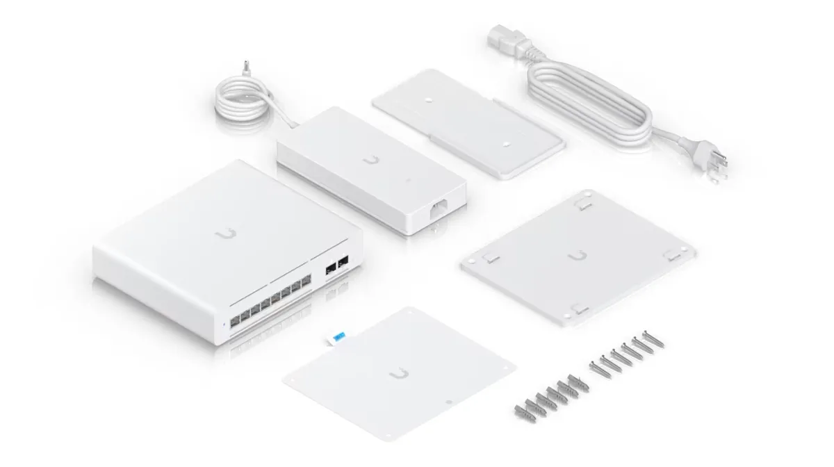 Phụ kiện USW-Pro-XG-8-PoE: adapter nguồn AC, dây nguồn, tấm treo tường, ốc vít Phụ kiện USW-Pro-XG-8-PoE: adapter nguồn AC, dây nguồn, tấm treo tường, ốc vít
