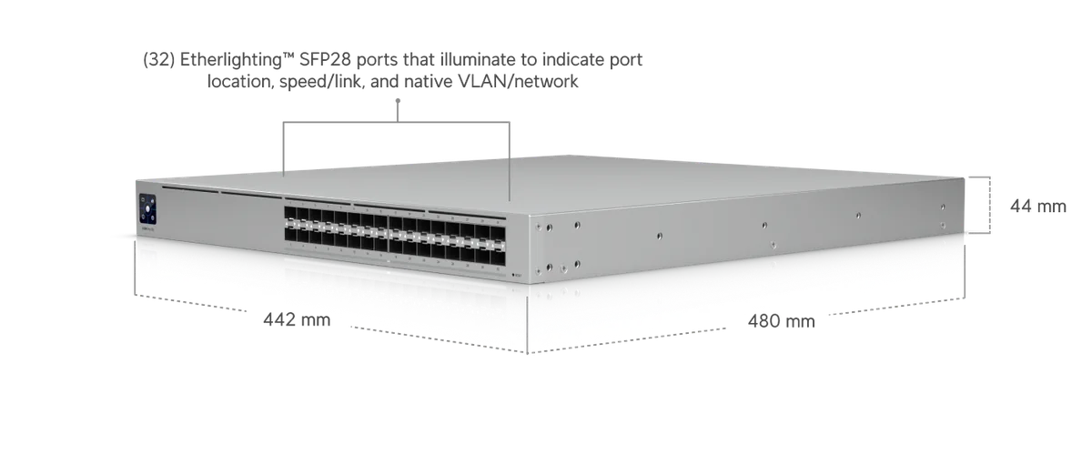Kích thước USW-Pro-XG-Aggregation 442.4 x 480 x 43.7 mm, 32 cổng SFP28 Etherlighting Kích thước USW-Pro-XG-Aggregation 442.4 x 480 x 43.7 mm, 32 cổng SFP28 Etherlighting