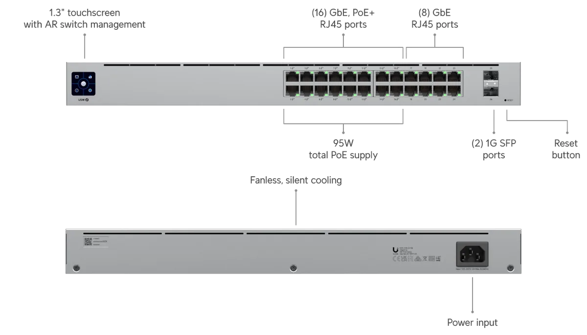 Chú thích USW-24-PoE: màn hình cảm ứng 1.3", 16 cổng GbE PoE+, 8 cổng GbE, 2 cổng 1G SFP, tổng PoE 95W, không quạt Chú thích USW-24-PoE: màn hình cảm ứng 1.3", 16 cổng GbE PoE+, 8 cổng GbE, 2 cổng 1G SFP, tổng PoE 95W, không quạt